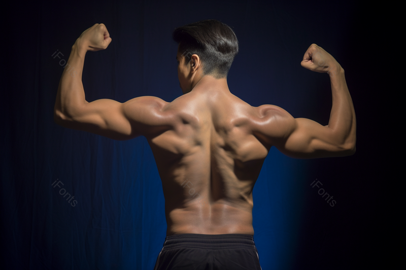 深蓝色背景运动男性背部身材肌肉展示,高清,摄影图,摄影图片,图片大全,摄影图免费下载